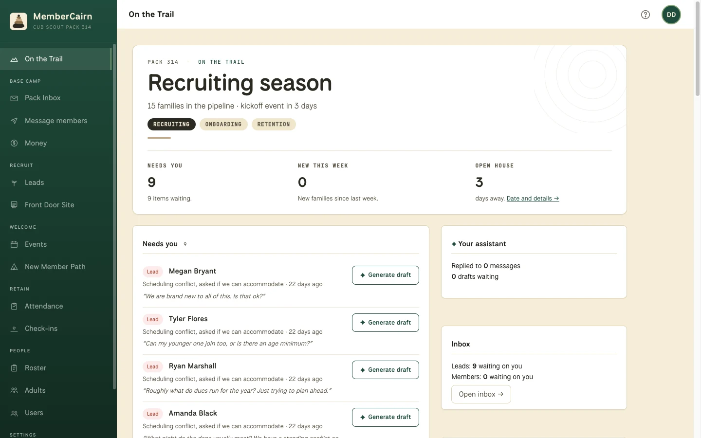 The pack dashboard showing what needs a person today: families waiting on a reply and the next event coming up